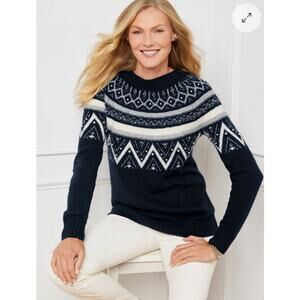 Talbots Embellished Fair Isle Cotton Wool Sweater Navy White Silver Nordic